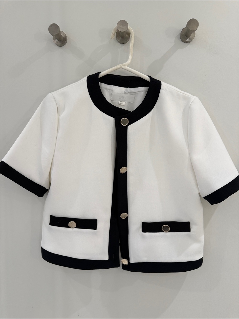 Zara White Short-Sleeve Trimmed Jacket with Black Accents